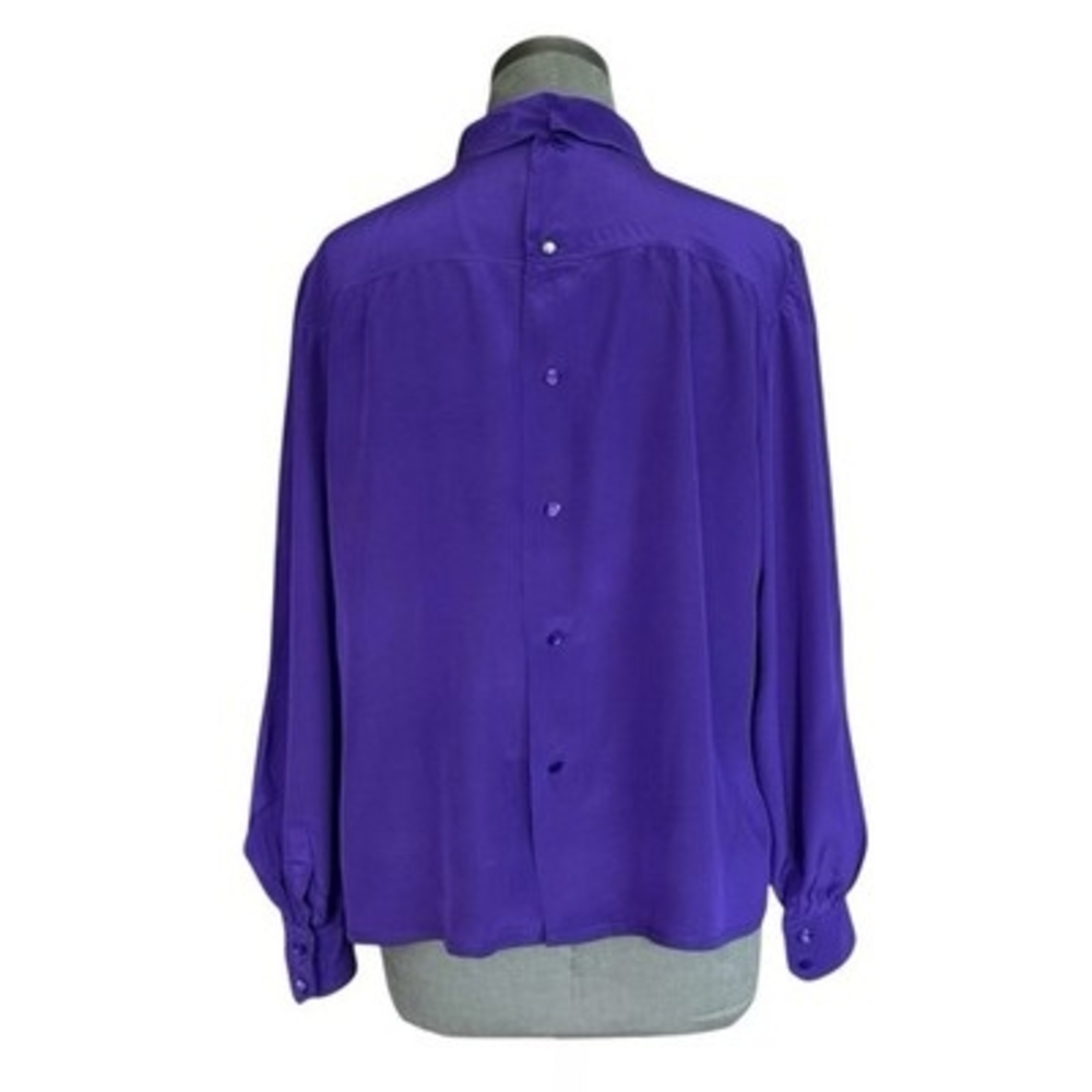 CELINE Paris Purple Silk Mock Neck Button Back Blouse Women's Top EU 46 US L - Picture 4 of 5